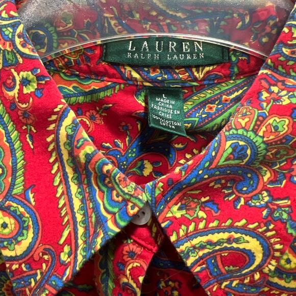 Lauren Ralph Lauren Womens Cotton Paisley Button Down Shirt 3/4 Sleeves Size L - Picture 5 of 7